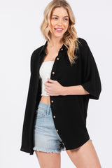 Black Linen Dolman Half Sleeve Button Down Top