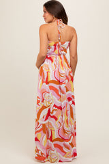 Pink Abstract Print Halter Maternity Maxi Dress