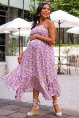 Lavender Floral Smocked Halter Flowy Maternity Maxi Dress