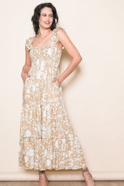 Beige Ruffle Sleeve Tiered Maxi Dress