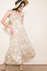 Beige Ruffle Sleeve Tiered Maxi Dress