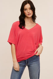 Coral V-Neck Crepe Knit Top