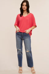 Coral V-Neck Crepe Knit Top