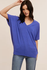 Blue V-Neck Crepe Knit Top