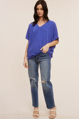 Blue V-Neck Crepe Knit Top