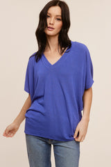 Blue V-Neck Crepe Knit Top