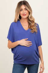 Blue V-Neck Crepe Knit Maternity Top