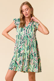 Green Printed Ruffle Sleeve Dress