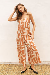 Camel Abstract Print Wide Leg Jumpsuit