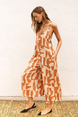 Camel Abstract Print Wide Leg Jumpsuit