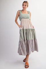 Green Colorblock Striped Tiered Maternity Midi Dress