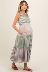 Green Colorblock Striped Tiered Maternity Midi Dress