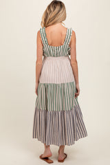 Green Colorblock Striped Tiered Maternity Midi Dress