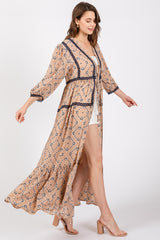 Beige Printed Tie Front Kimono Dress