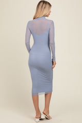 Blue Mesh Overlay Fitted Midi Dress