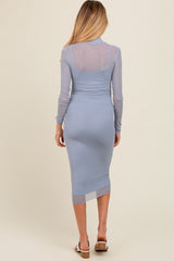 Blue Mesh Overlay Fitted Maternity Midi Dress