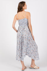 Light Blue Floral Cinched Tie Bust Midi Dress