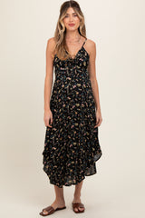 Black Floral Cinched Tie Bust Maternity Midi Dress