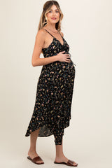 Black Floral Cinched Tie Bust Maternity Midi Dress