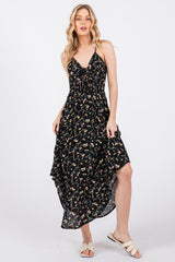 Black Floral Cinched Tie Bust Maternity Midi Dress