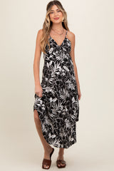 Black Tropical Floral Front Tie Maternity Midi Dress