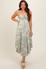 Light Olive Tropical Floral Front Tie Maternity Midi Dress