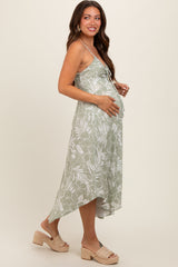 Light Olive Tropical Floral Front Tie Maternity Midi Dress