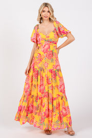 Yellow Floral Sweetheart Neck Tiered Maxi Dress