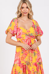 Yellow Floral Sweetheart Neck Tiered Maxi Dress