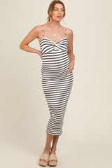 Black Striped Knit Fitted Maternity Midi Dress