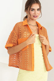 Orange Crochet Button-Front Top