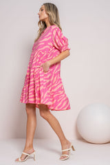 Pink Split V-Neck Smocked Short Sleeve Tiered Dress