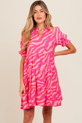 Pink Split V-Neck Smocked Short Sleeve Tiered Maternity Dress