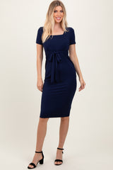 Navy Square Neck Belted Midi Dress