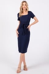 Navy Square Neck Belted Maternity Midi Dress