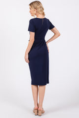 Navy Square Neck Belted Midi Dress