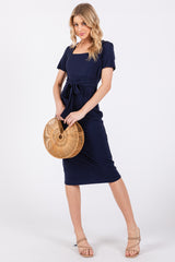 Navy Square Neck Belted Midi Dress