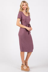 Purple Square Neck Belted Midi Dress