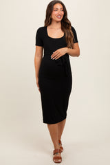 Black Square Neck Belted Maternity Midi Dress