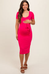 Coral Square Neck Belted Maternity Midi Dress