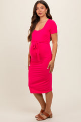 Coral Square Neck Belted Maternity Midi Dress