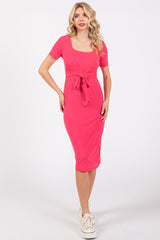 Coral Square Neck Belted Midi Dress