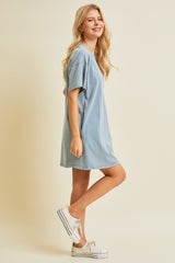 Light Blue Short Sleeve Side Pocket Dress