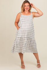 Ivory Plaid Shoulder Tie Maternity Plus Midi Dress