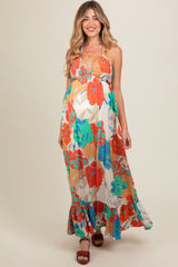 Cream Floral Smocked Halter Cutout Maternity Maxi Dress