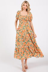 Peach Floral Smocked Tiered Midi Dress