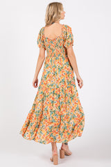 Peach Floral Smocked Tiered Midi Dress