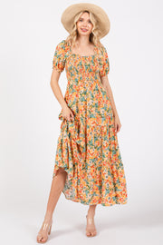 Peach Floral Smocked Tiered Midi Dress