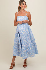 Light Blue Floral Cutout Tie Back Maternity Midi Dress