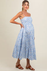 Light Blue Floral Cutout Tie Back Maternity Midi Dress